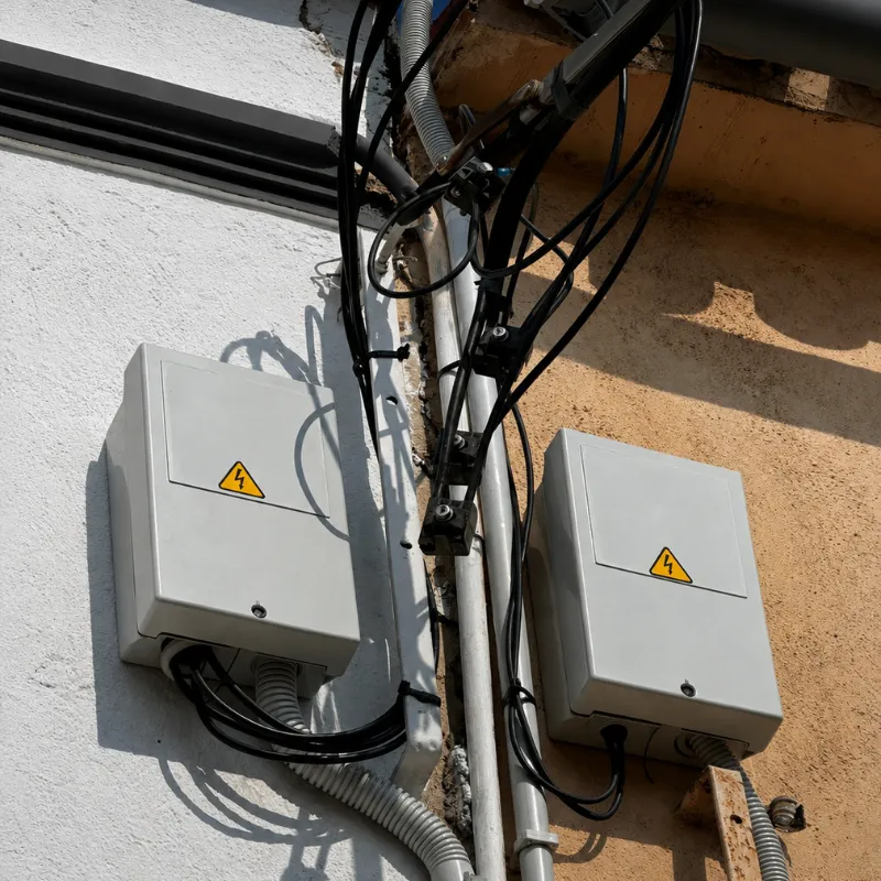 Cajas eléctricas de protección y pilar de medidor instalados en fachada